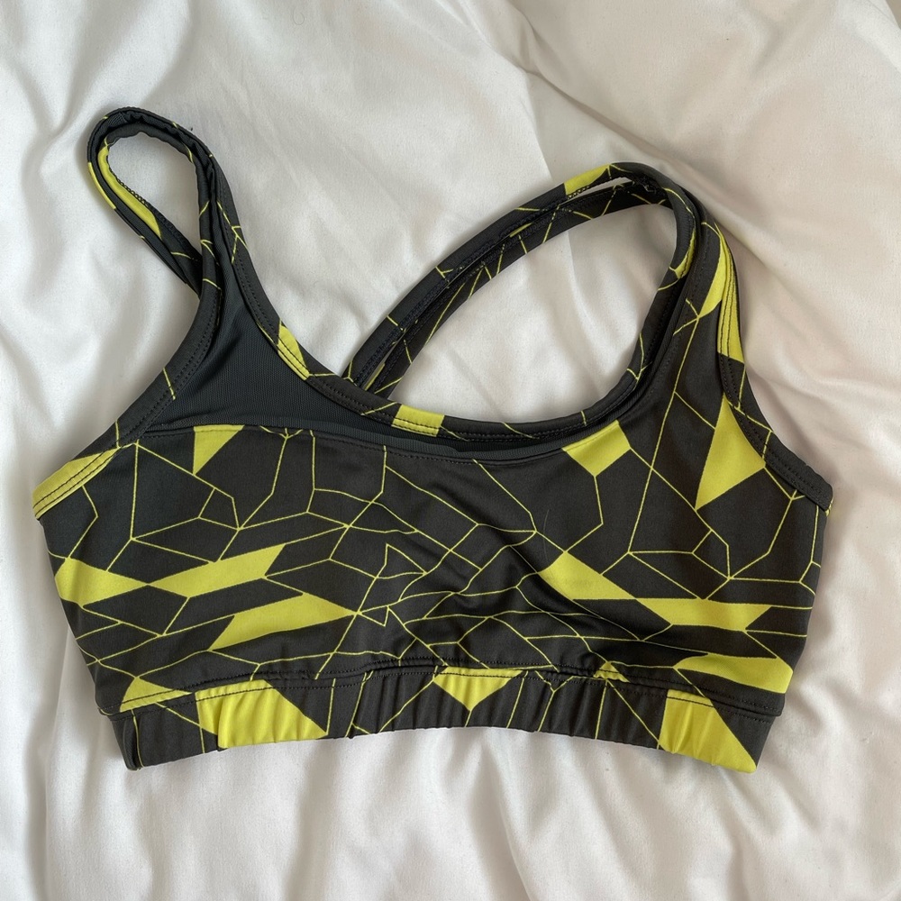 Lime green /grey patterned sports bra with mesh